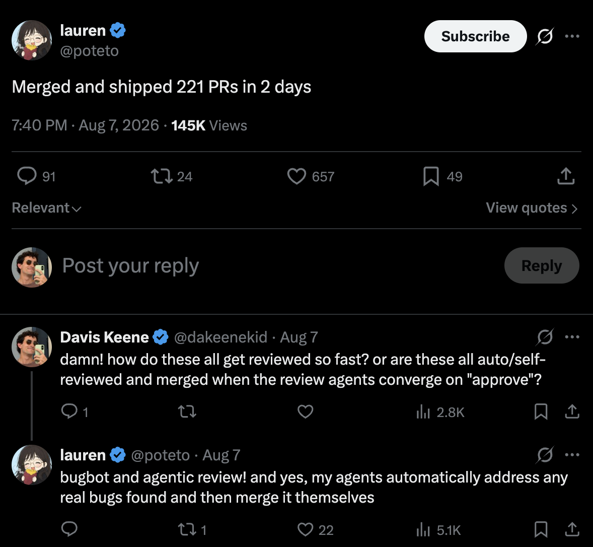 A post from lauren (@poteto) reading 'Merged and shipped 221 PRs in 2 days'. I reply asking how they all get reviewed so fast, and she answers: bugbot and agentic review, and her agents automatically address any real bugs found and then merge it themselves.