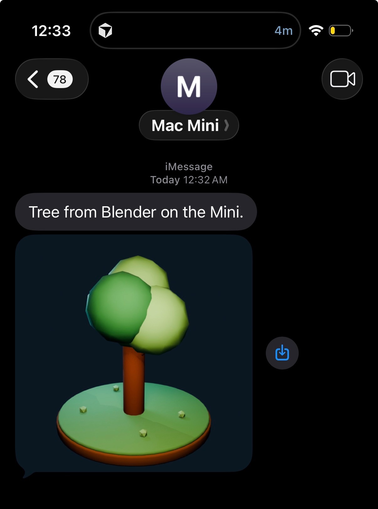 The finished Blender tree delivered through iMessage