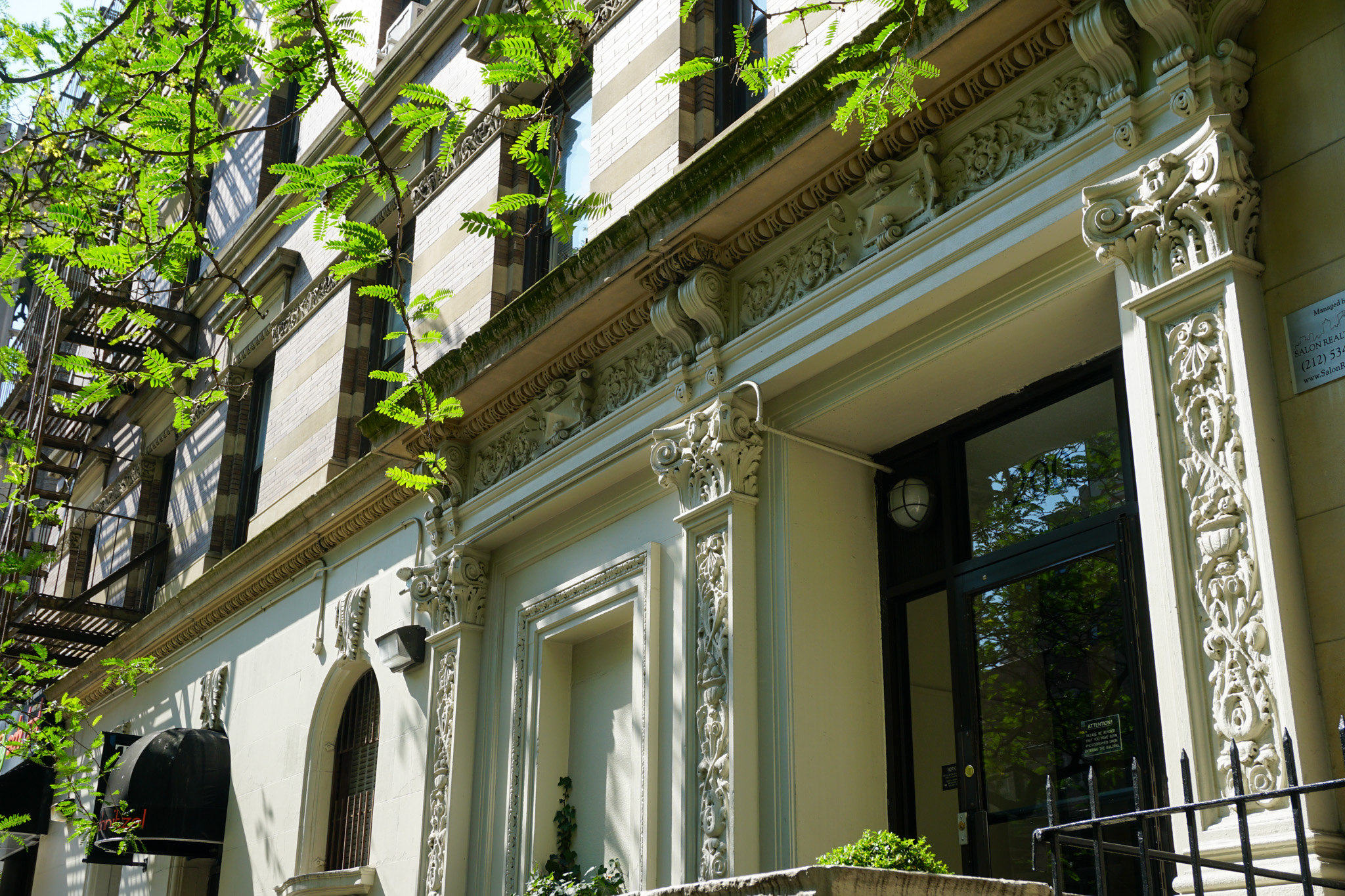 Ornate facade of an apartment building with tree branches in the foreground.