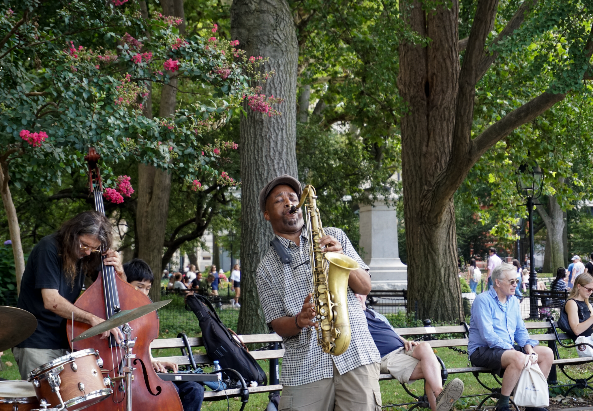 A view of a jazz band playing in Washington Square Park.